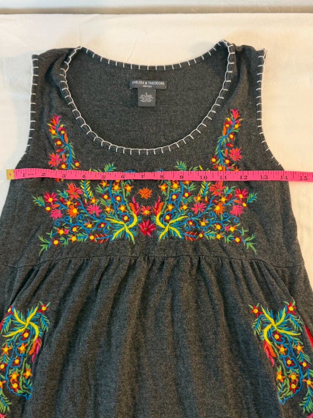 Chelsea & Theodore Embroidered Midi Dress Small Gray Floral Boho Sleeveless - Picture 8 of 9